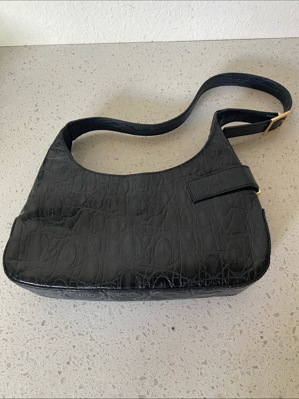 Salvatore Ferragamo Black Croc-Embossed Shoulder Bag with Gold Hardware - Picture 4 of 16